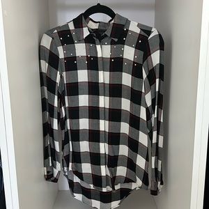 Zara Black White Red Plaid Pearl Button Up Blouse